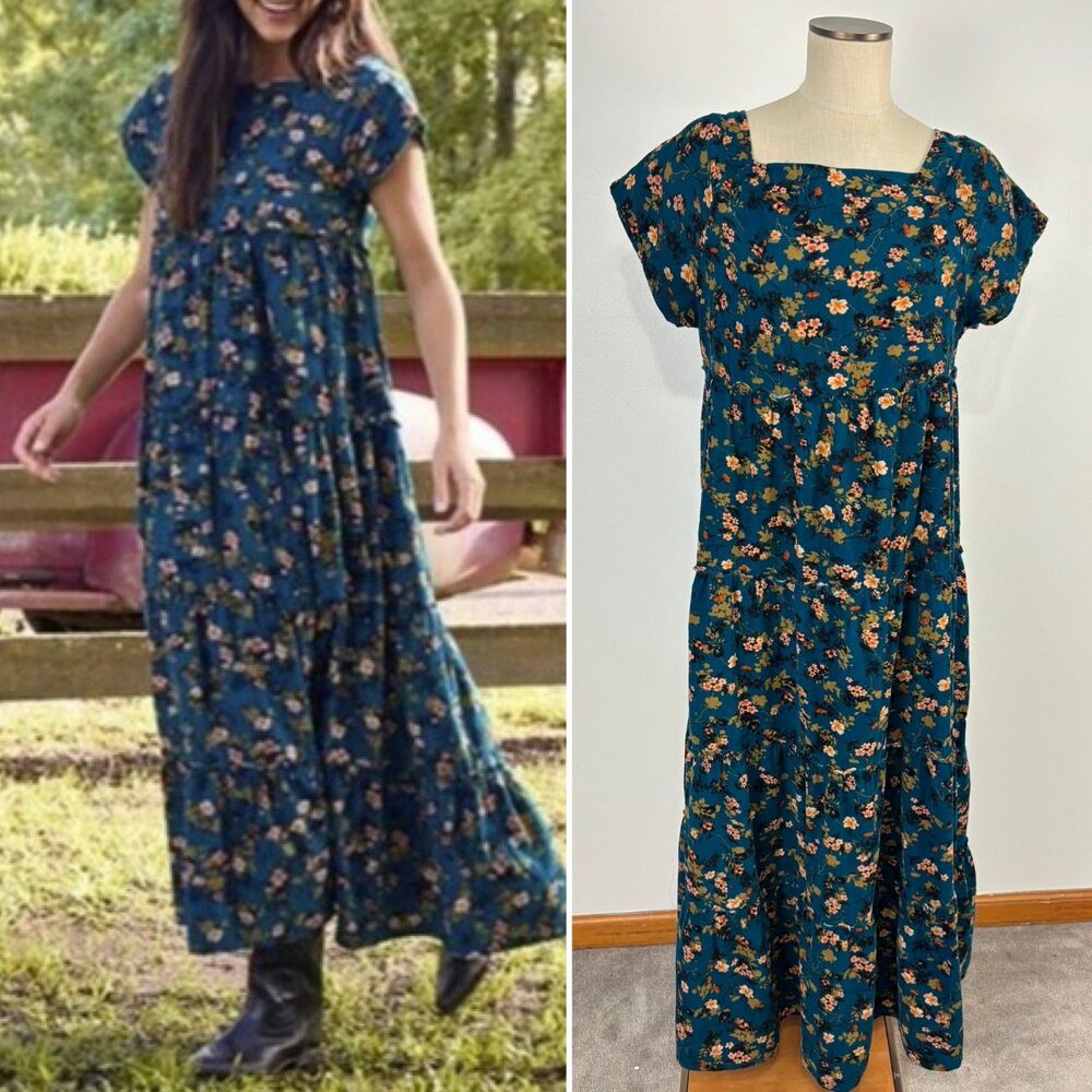 Natural Life Womens L Berkley Corduroy Maxi Dress Teal Ditsy Floral Tiered Boho